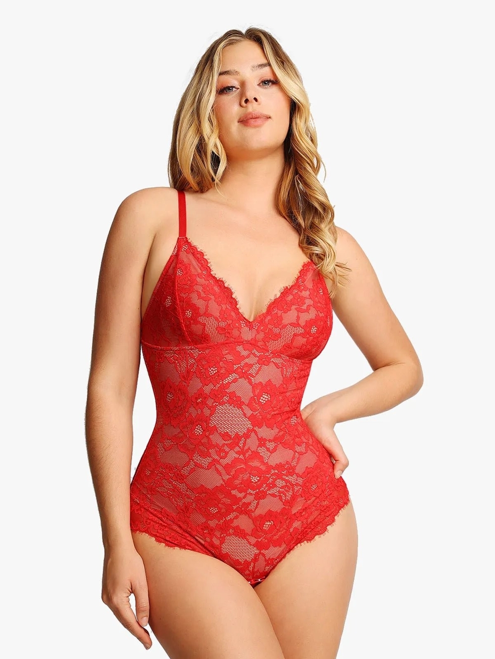 Popilush Shapewear Firm Control Smoothing Full Lace Thong Bodysuit - Red